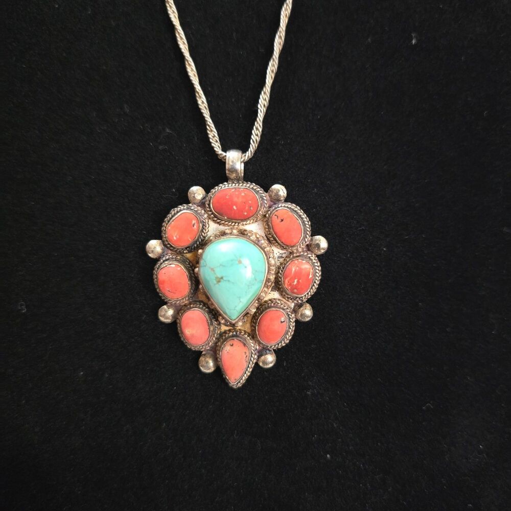 Vintage SS Turquoise And Coral Cluster Pendant Necklace